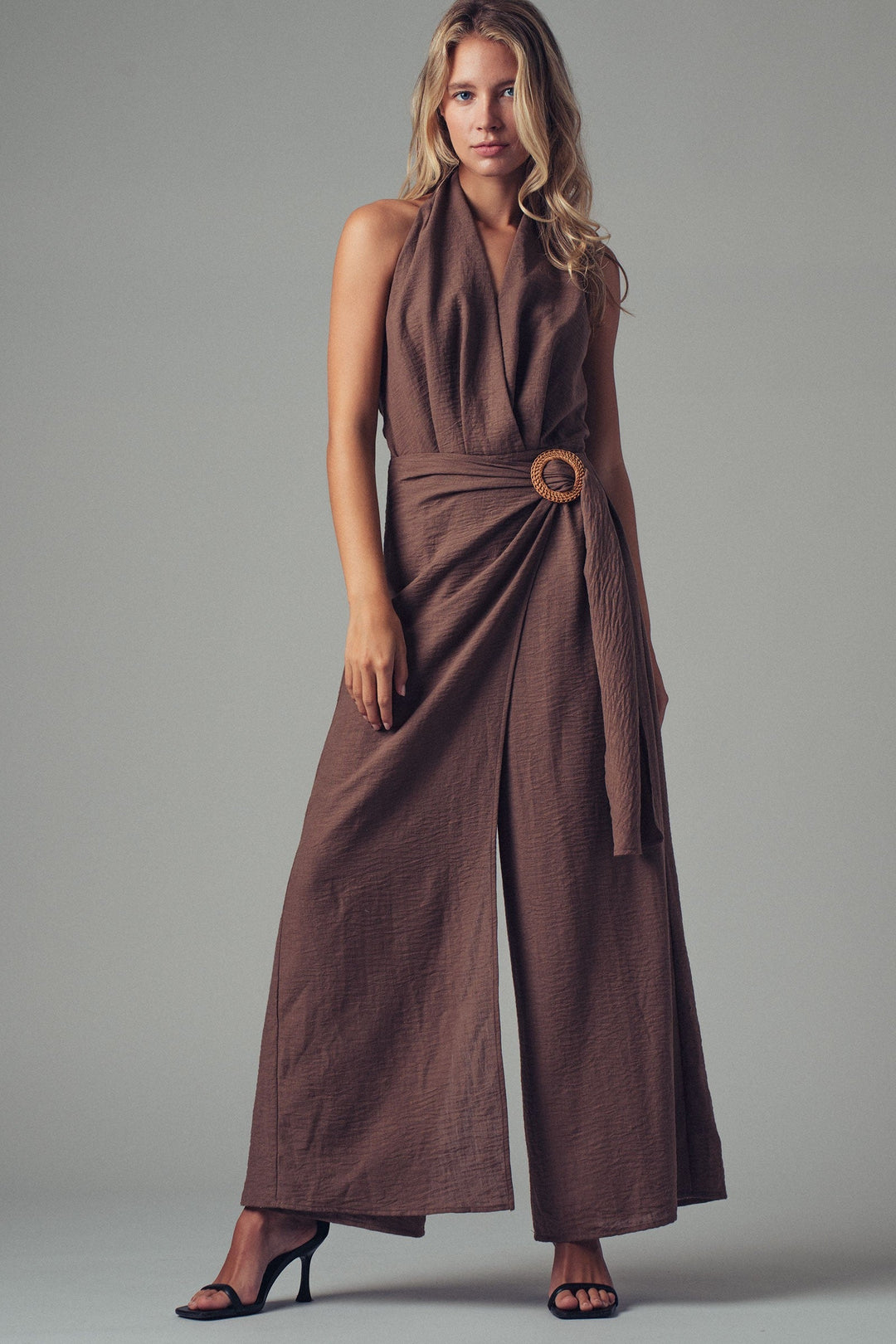 Halter Wide Leg Jumpsuit With Sash