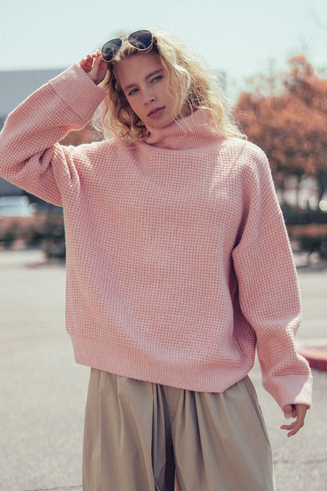 cozy western waffle knit sweater - soft peach