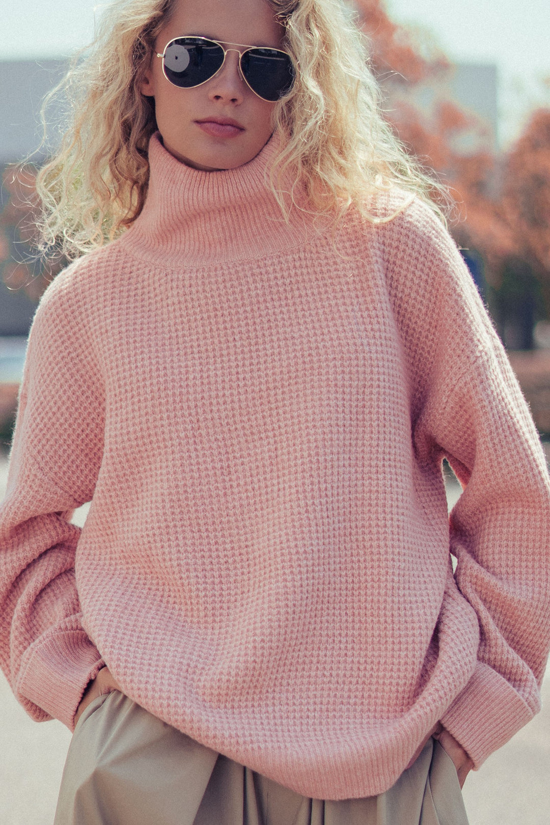 cozy western waffle knit sweater - soft peach (additional view)