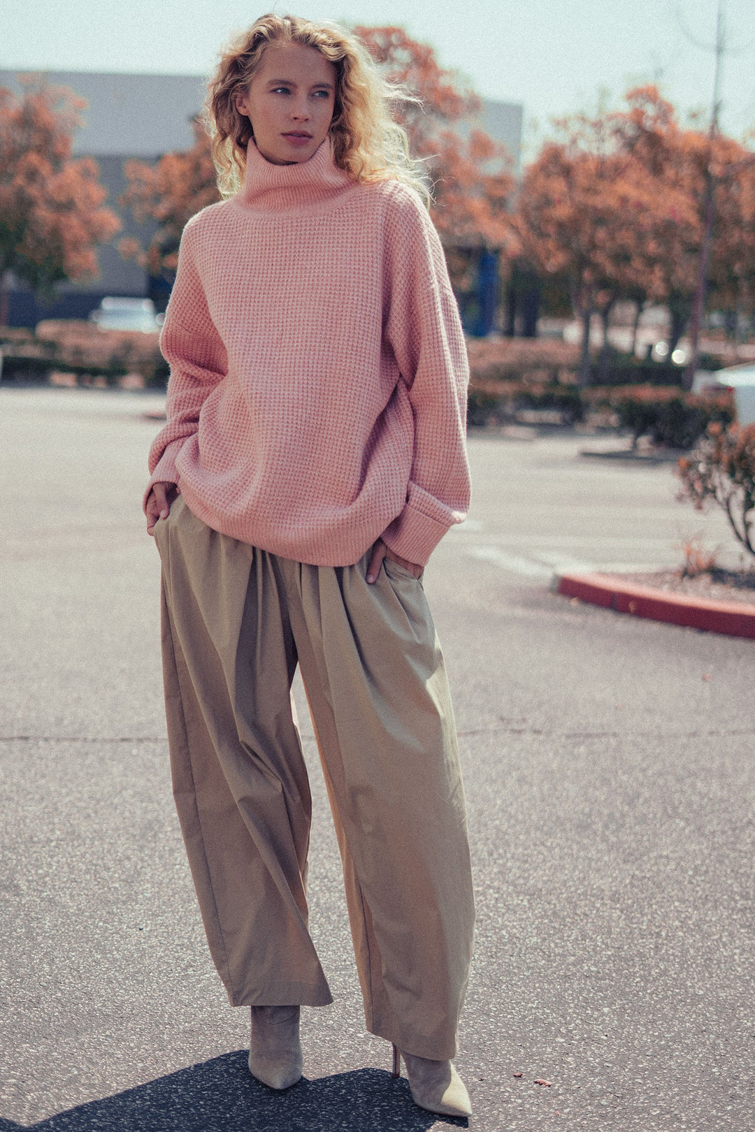 cozy western waffle knit sweater - soft peach (additional view)