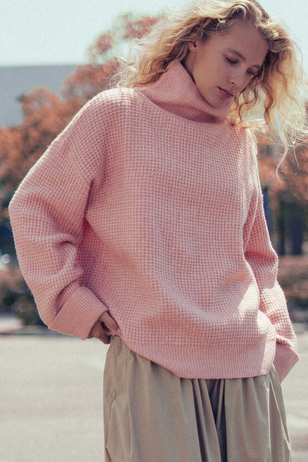 cozy western waffle knit sweater - soft peach (additional view)