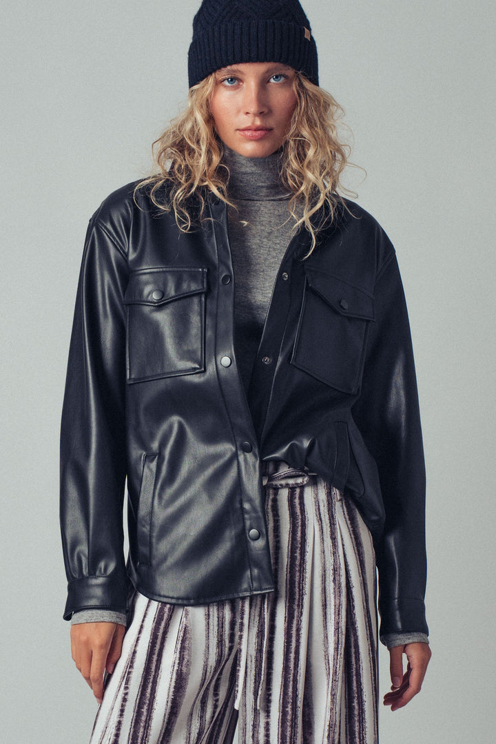 Faux Leather Pocket Shirt with Snap Closure | wholesale tops | Trend Notes