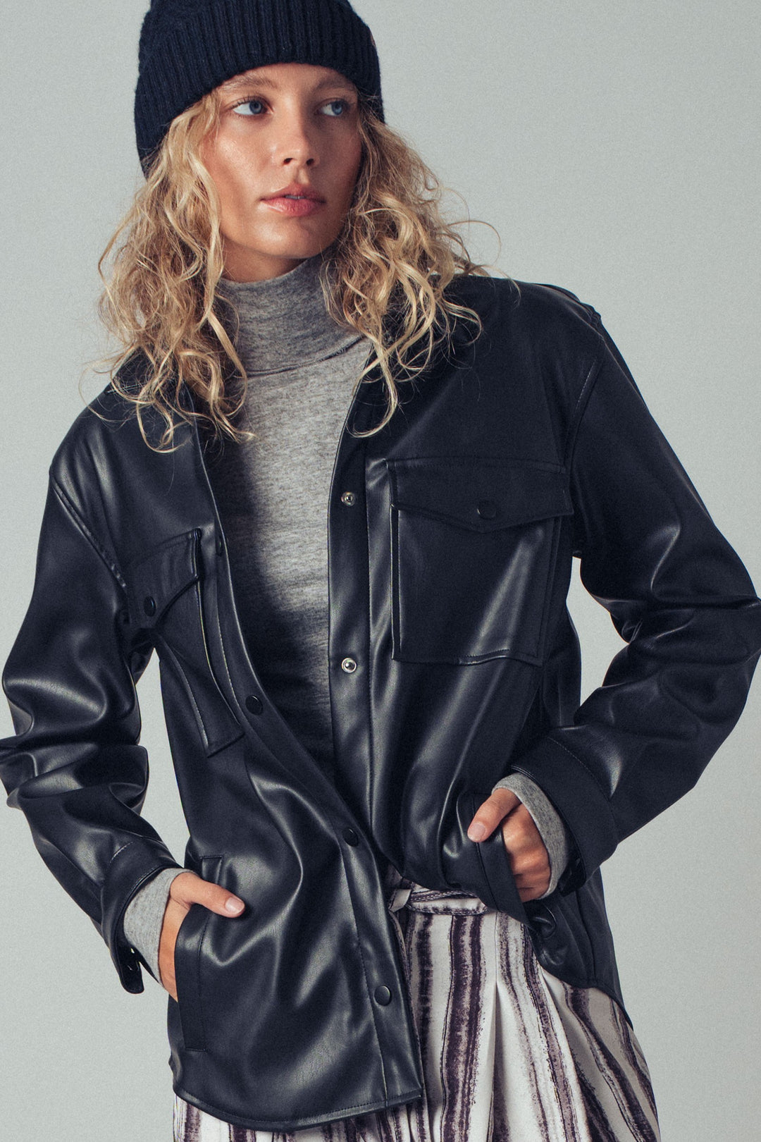 Faux Leather Pocket Shirt with Snap Closure | wholesale tops | Trend Notes