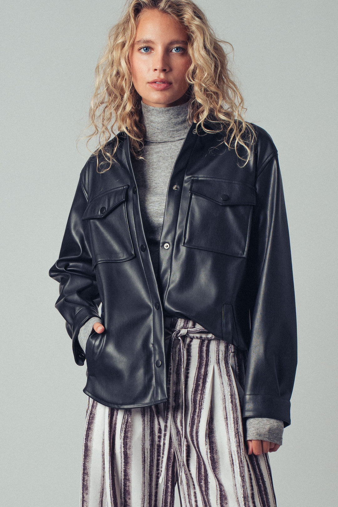 Faux Leather Pocket Shirt with Snap Closure | wholesale tops | Trend Notes