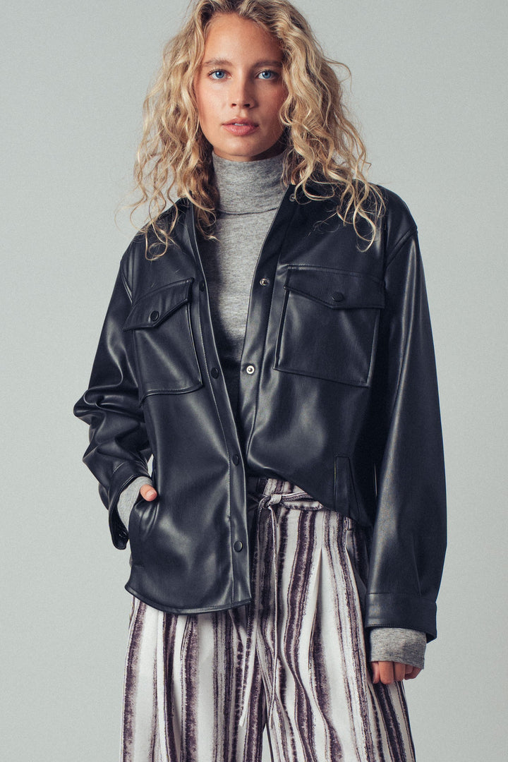 Faux Leather Pocket Shirt with Snap Closure | wholesale tops | Trend Notes