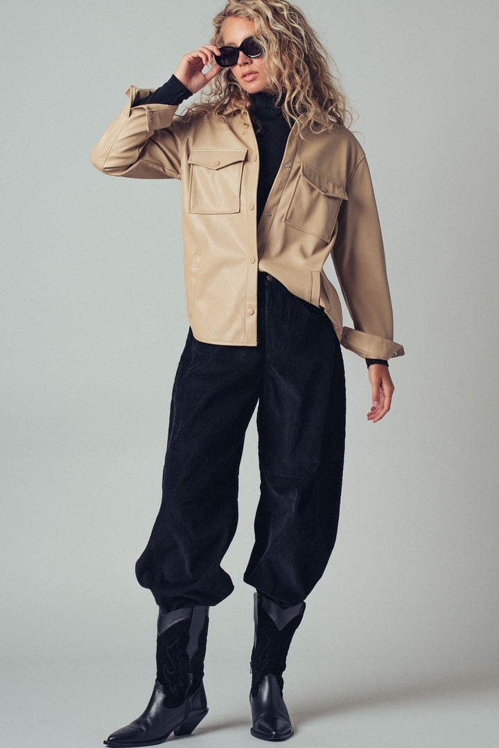Faux Leather Pocket Shirt with Snap Closure | wholesale tops | Trend Notes