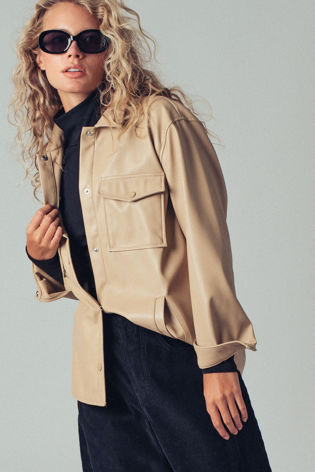 Faux Leather Pocket Shirt with Snap Closure | wholesale tops | Trend Notes