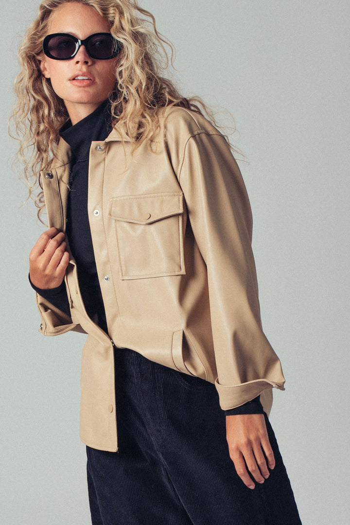 Faux Leather Pocket Shirt with Snap Closure | wholesale tops | Trend Notes