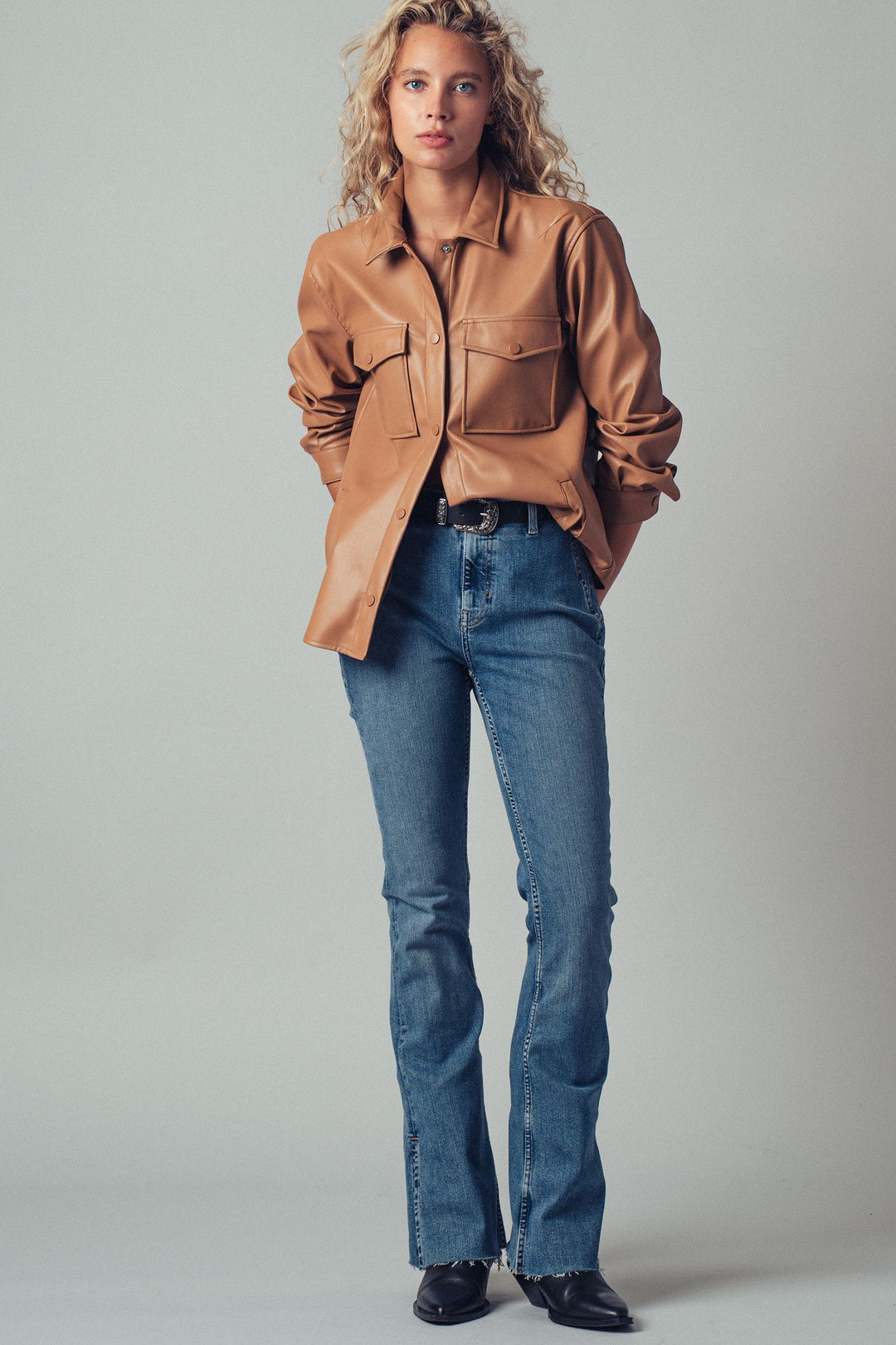 Faux Leather Pocket Shirt with Snap Closure | wholesale tops | Trend Notes