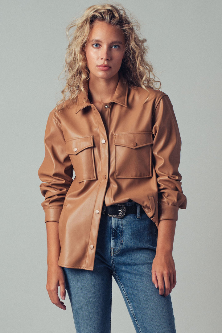 Faux Leather Pocket Shirt with Snap Closure | wholesale tops | Trend Notes