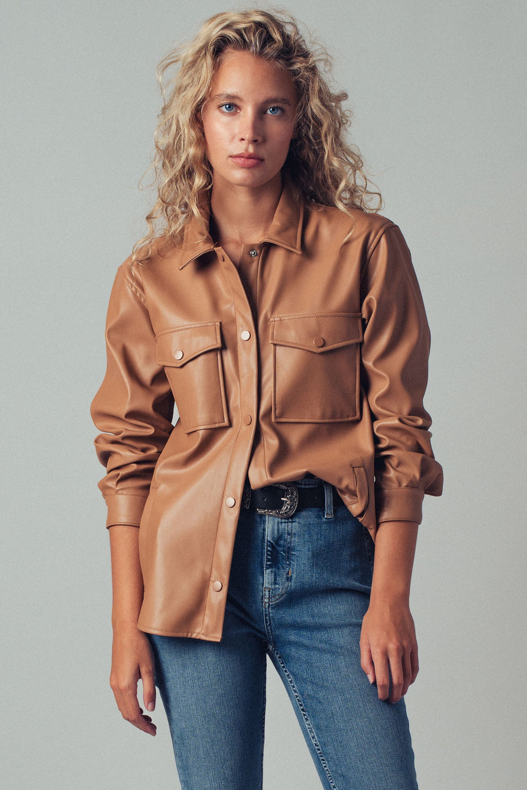 faux leather pocket shirt with snap closure - camel