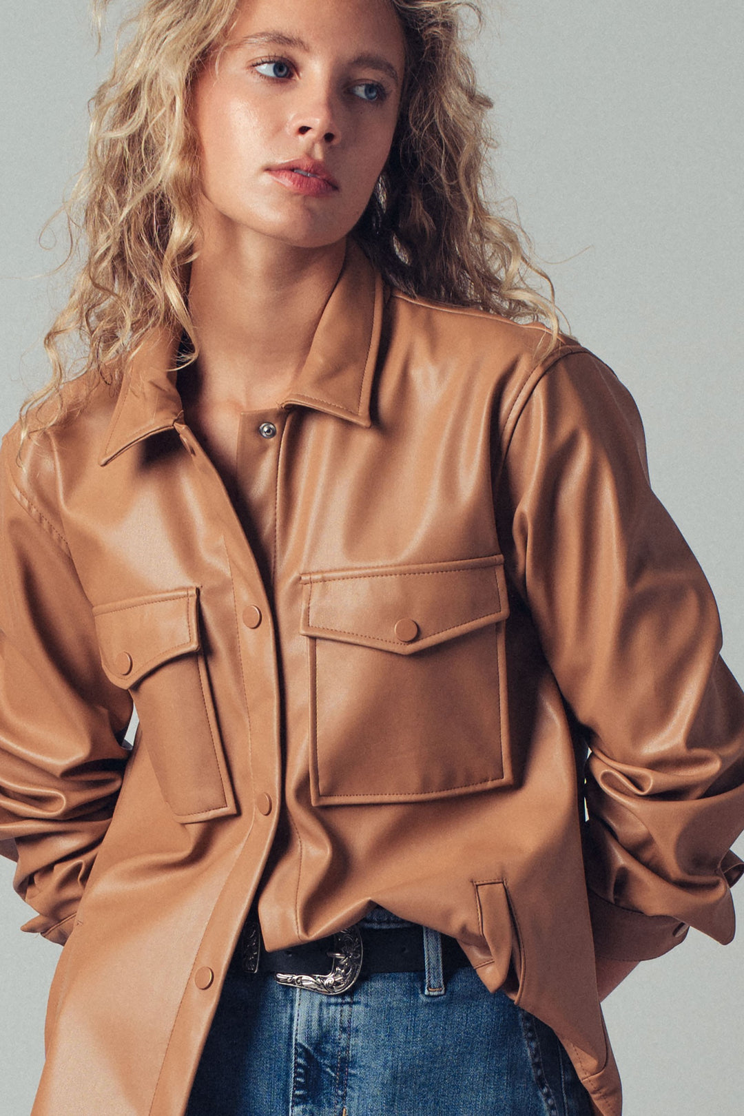 faux leather pocket shirt with snap closure - camel (additional view)