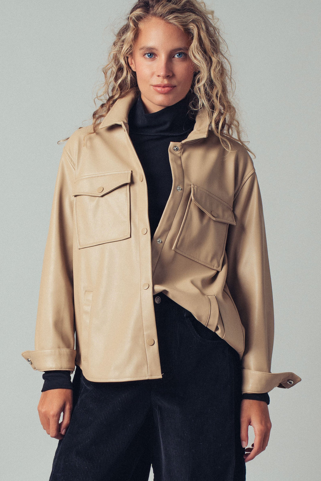 faux leather pocket shirt with snap closure - khaki (additional view)