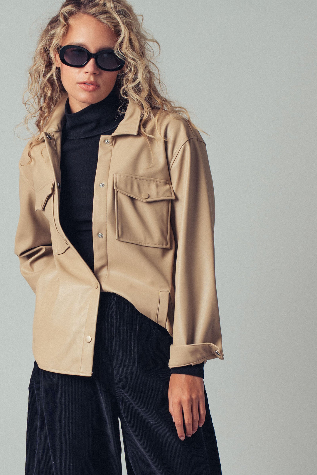 faux leather pocket shirt with snap closure - khaki (additional view)