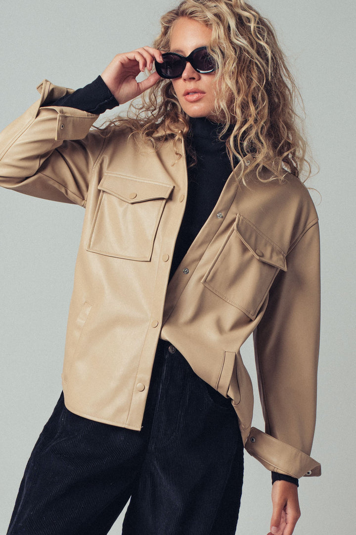 faux leather pocket shirt with snap closure - khaki (additional view)