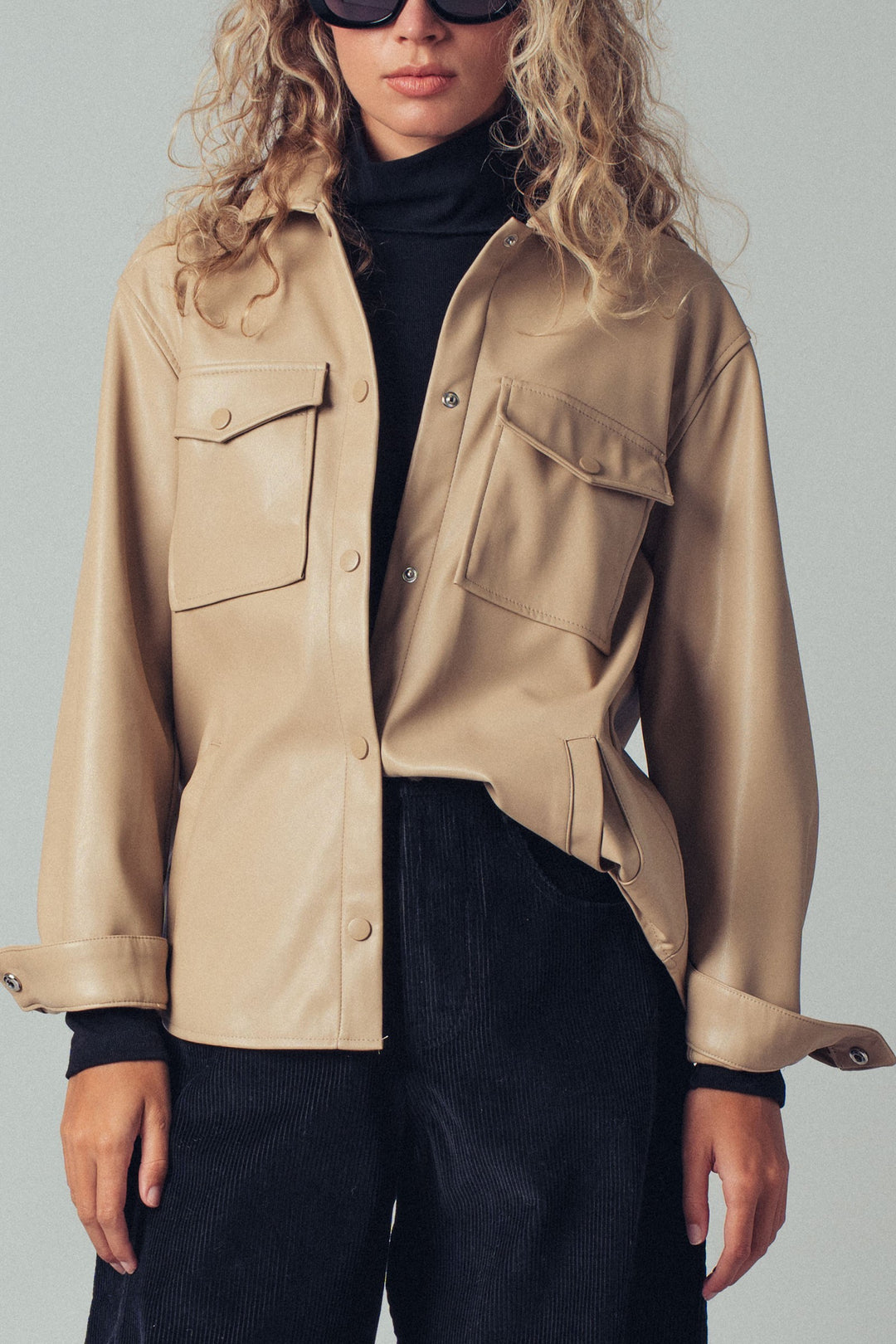 faux leather pocket shirt with snap closure - khaki (additional view)