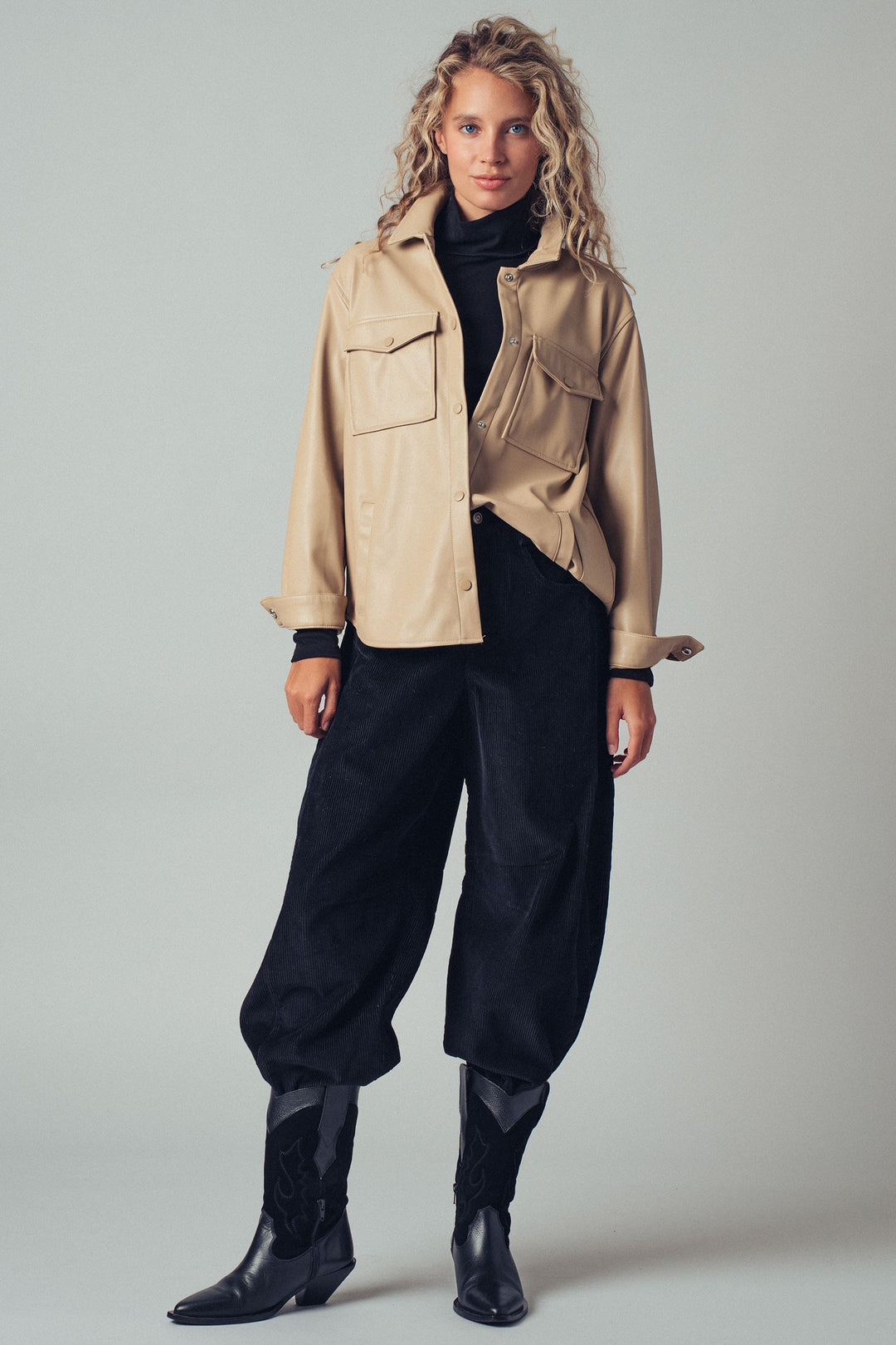 faux leather pocket shirt with snap closure - khaki (additional view)