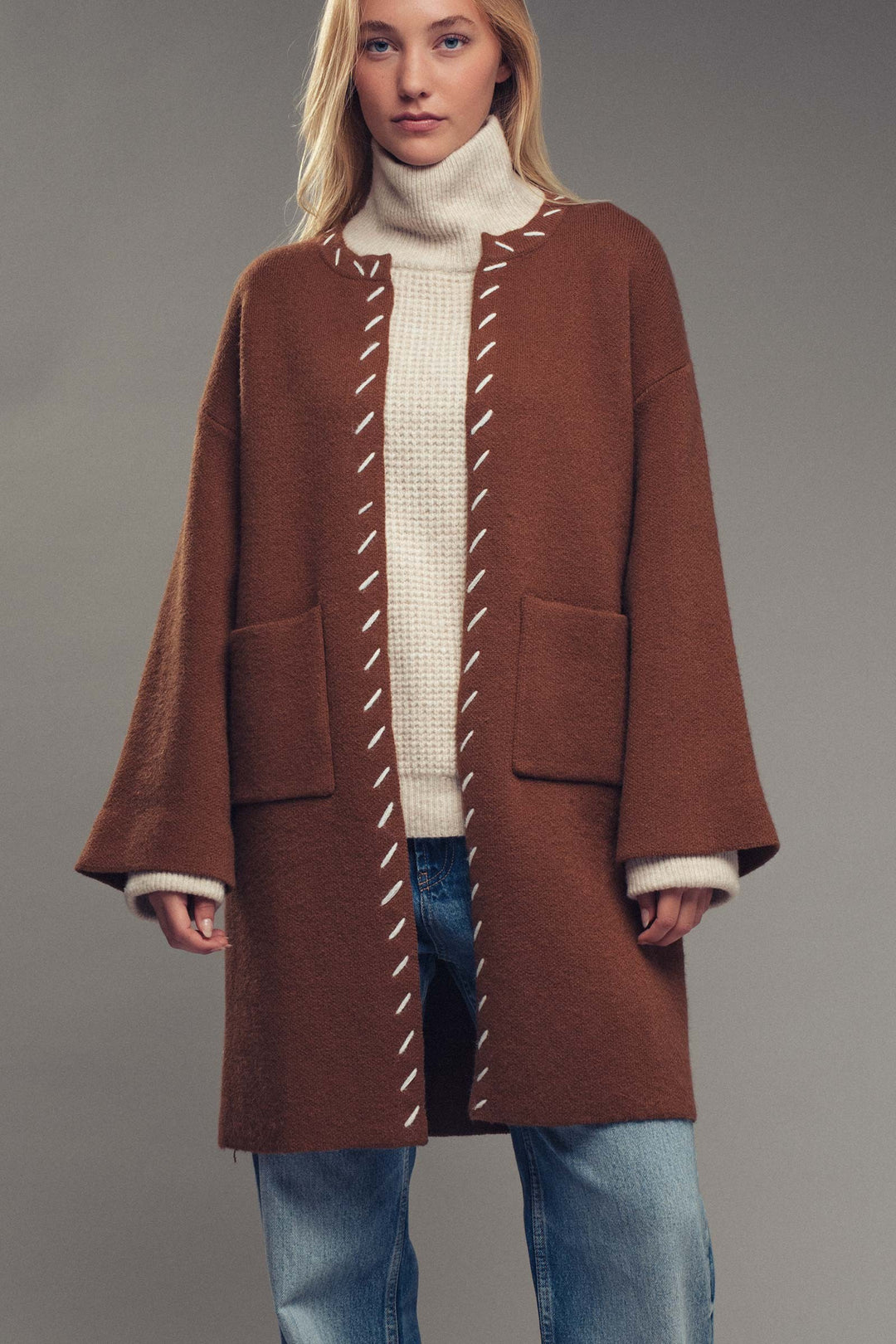 classic contrast stitch open front coat - brown