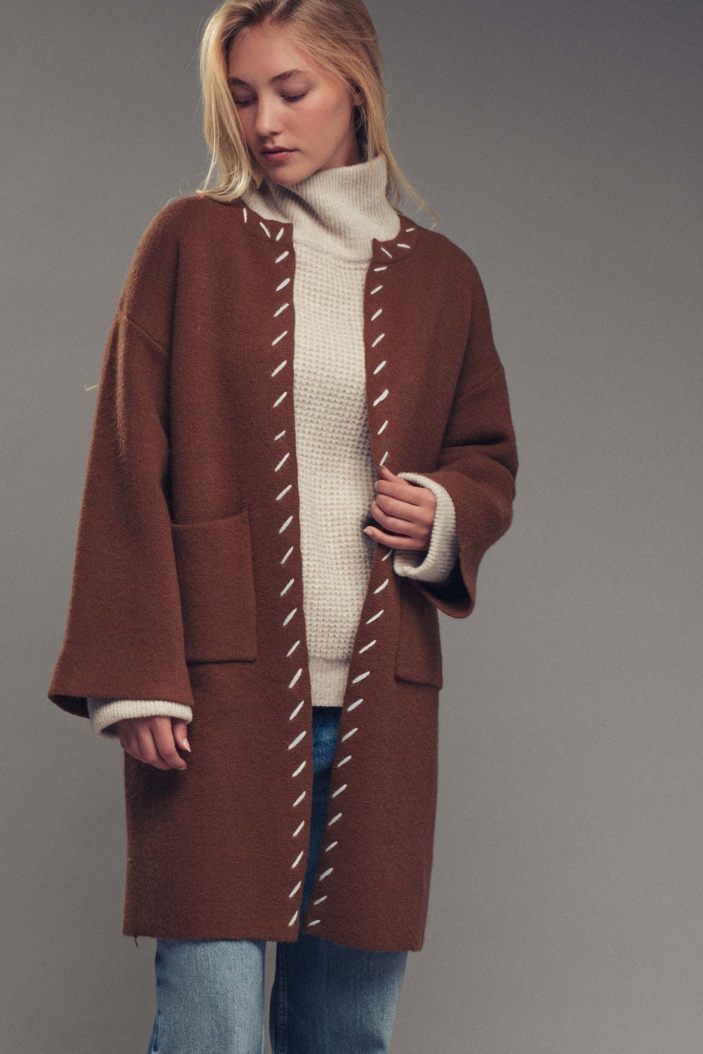 classic contrast stitch open front coat - brown (additional view)
