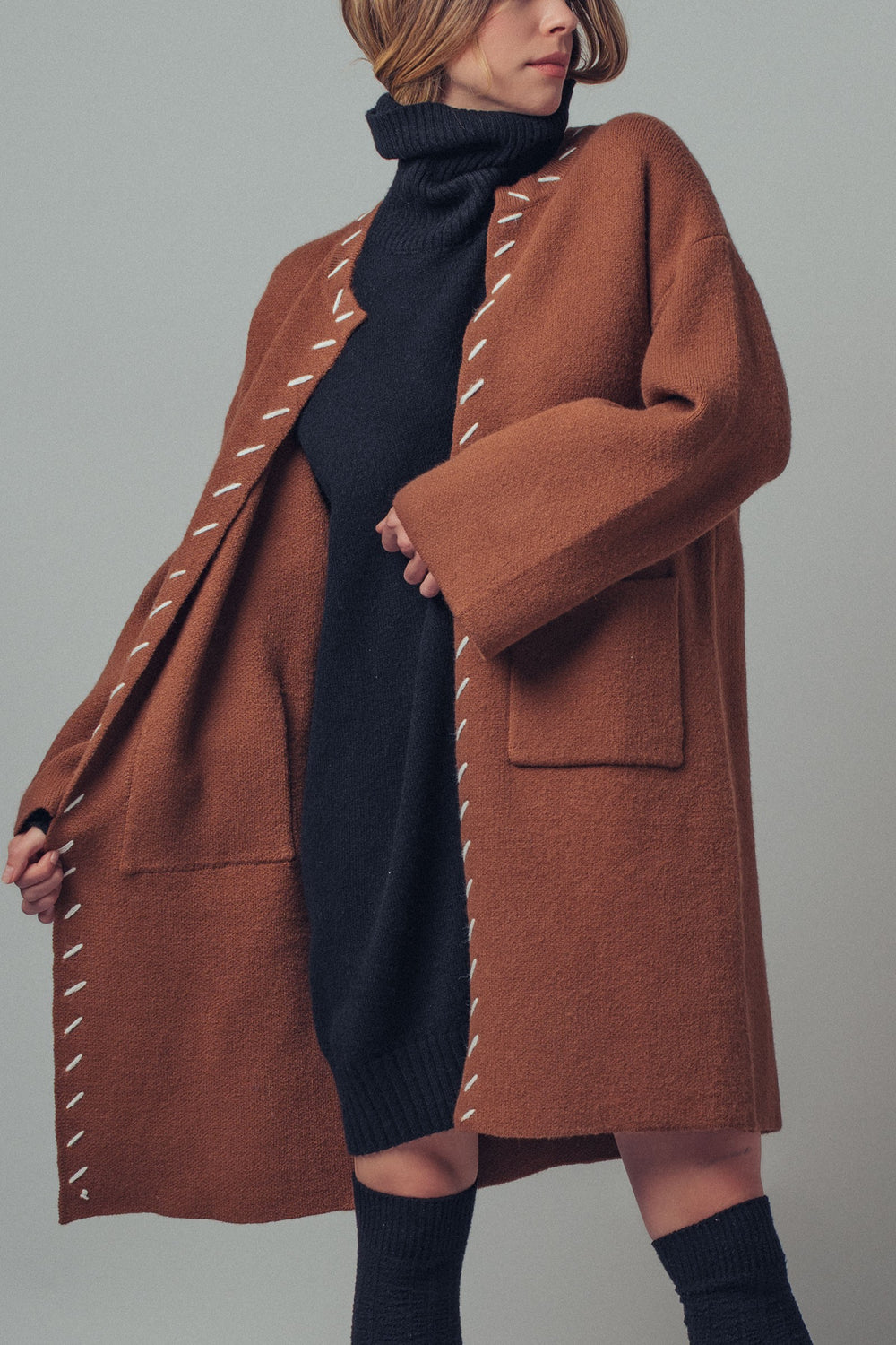 classic contrast stitch open front coat - brown (additional view)