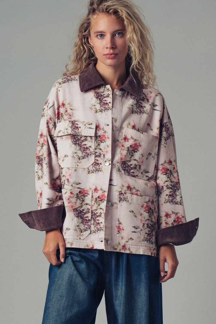 floral print oversized jacket with contrast collar - pinkbrown