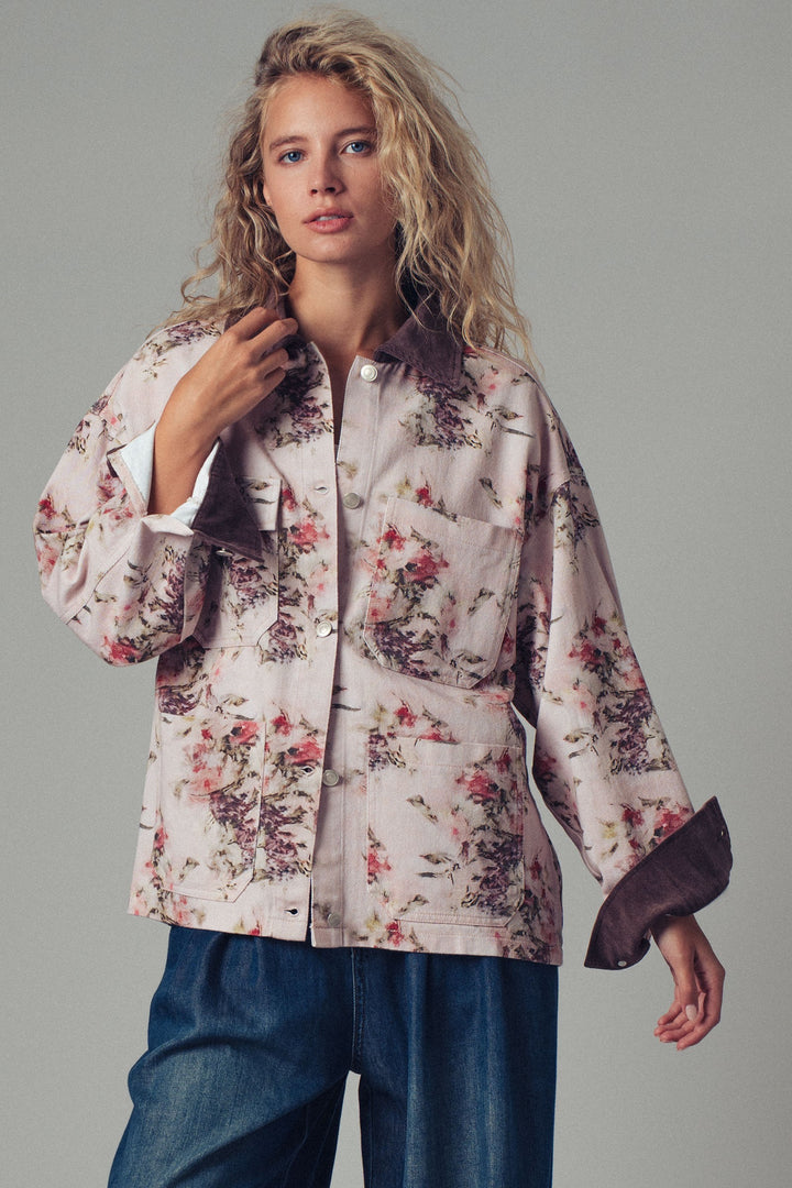 floral print oversized jacket with contrast collar - pinkbrown (additional view)