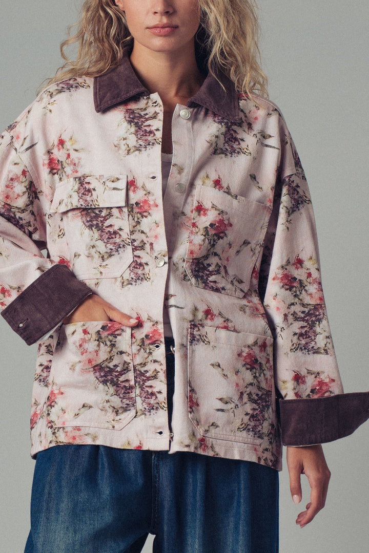 floral print oversized jacket with contrast collar - pinkbrown (additional view)