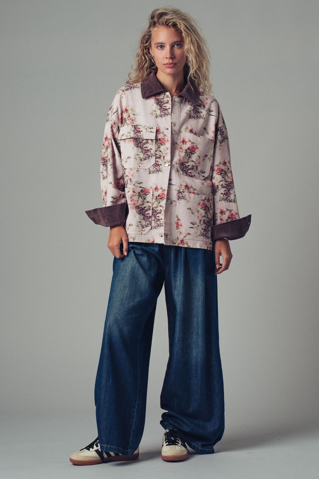 floral print oversized jacket with contrast collar - pinkbrown (additional view)