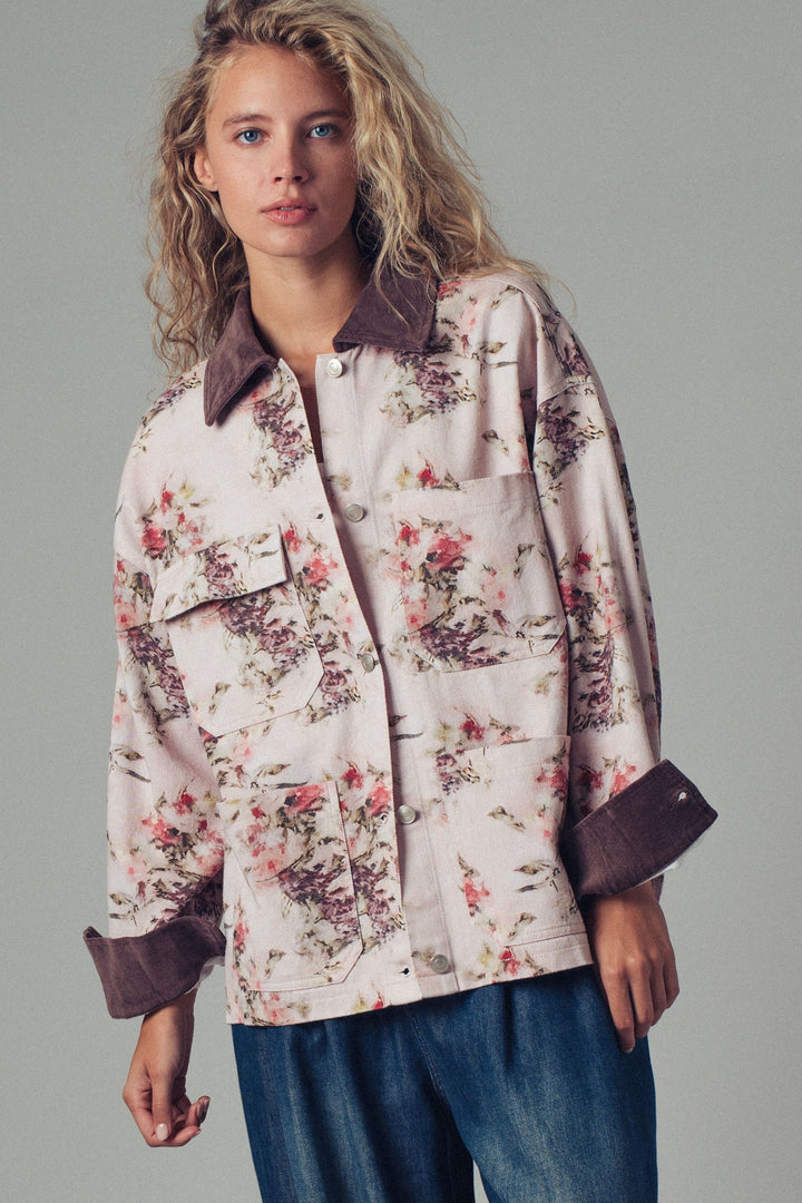 floral print oversized jacket with contrast collar - pinkbrown (additional view)
