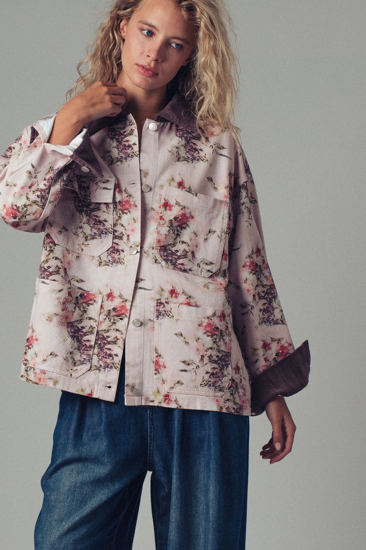 floral print oversized jacket with contrast collar - pinkbrown (additional view)