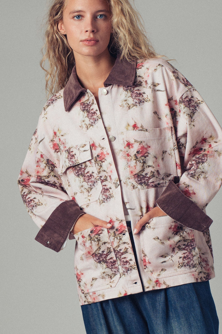 floral print oversized jacket with contrast collar - pinkbrown (additional view)