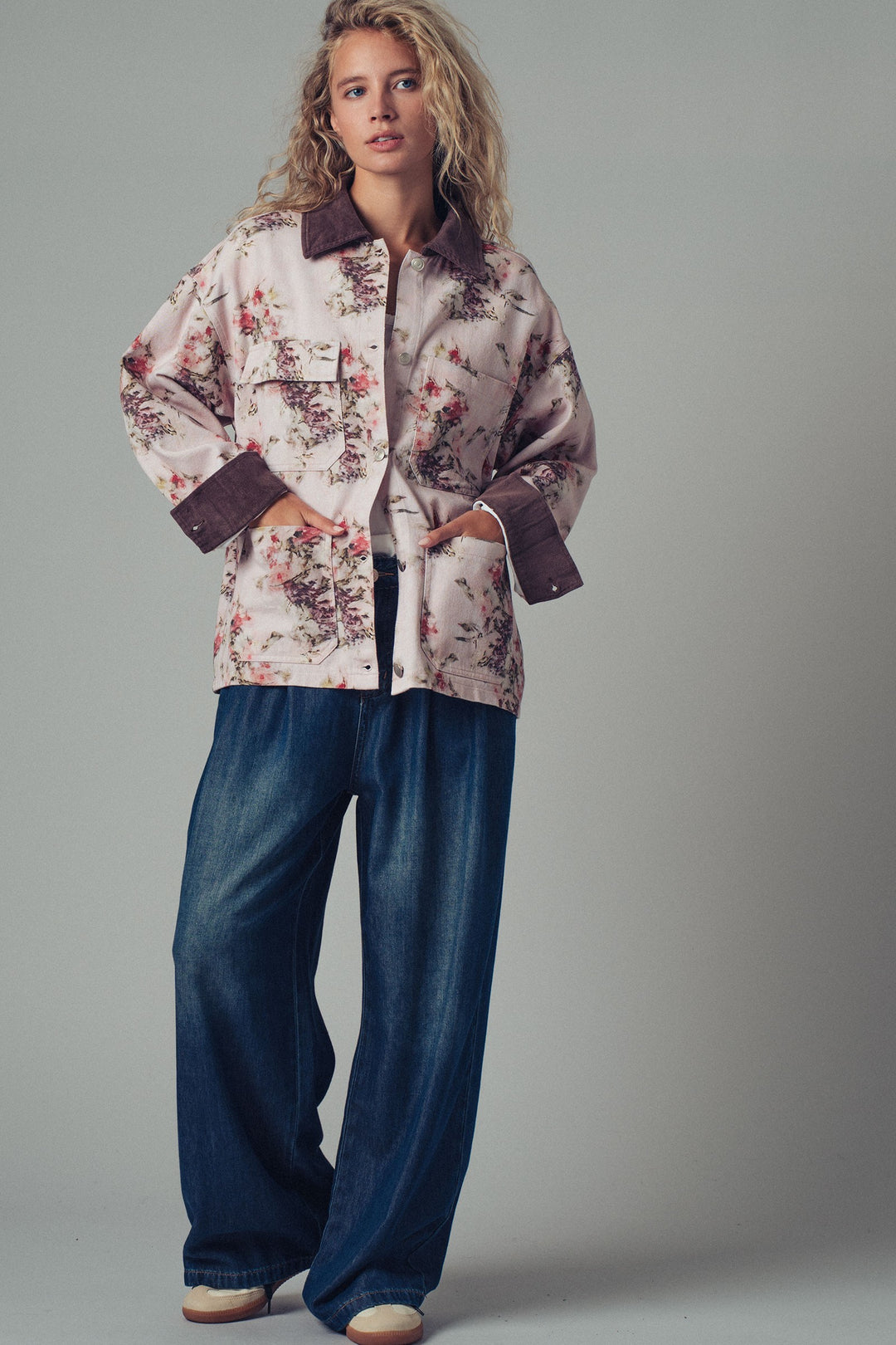 floral print oversized jacket with contrast collar - pinkbrown (additional view)