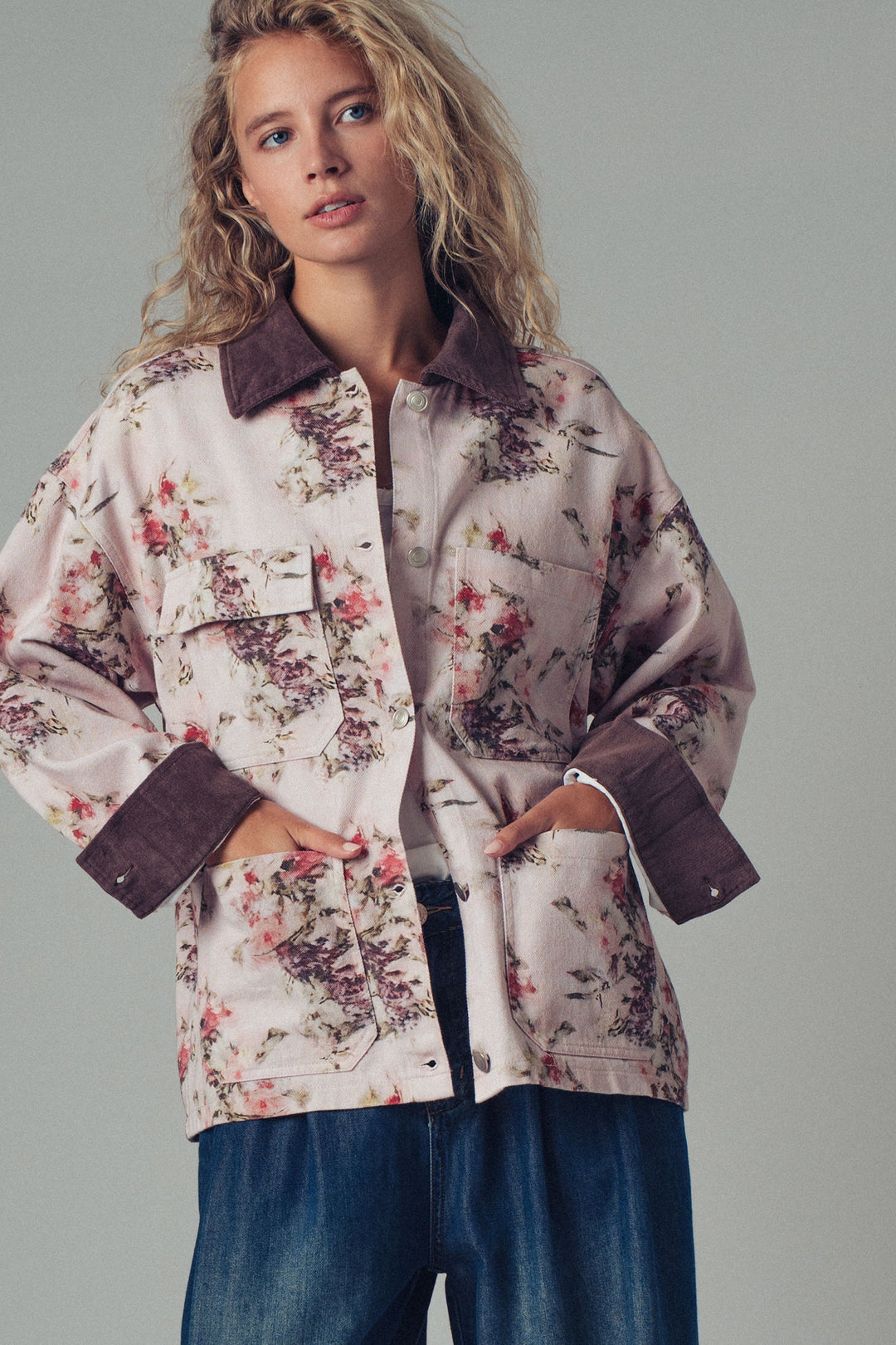floral print oversized jacket with contrast collar - pinkbrown (additional view)