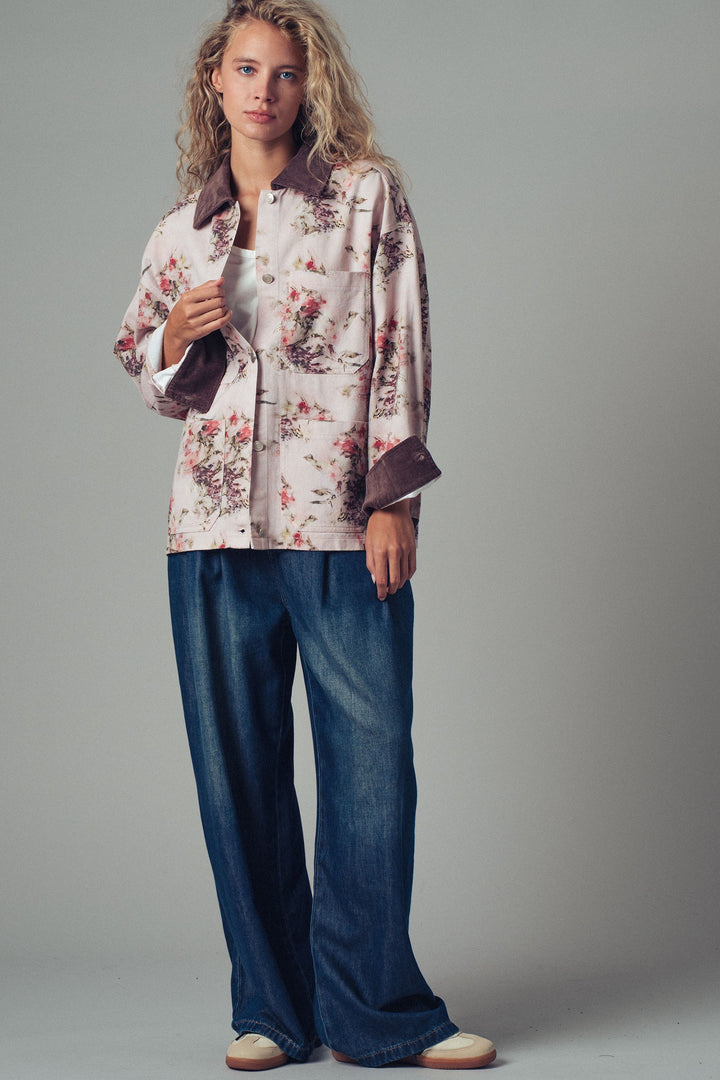 floral print oversized jacket with contrast collar - pinkbrown (additional view)