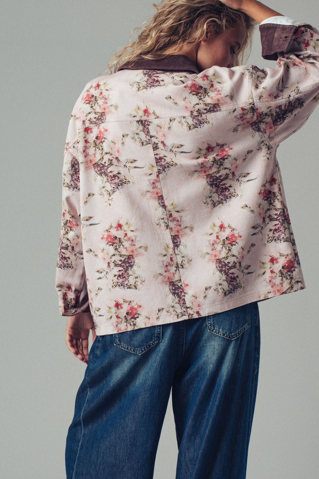 floral print oversized jacket with contrast collar - pinkbrown (additional view)