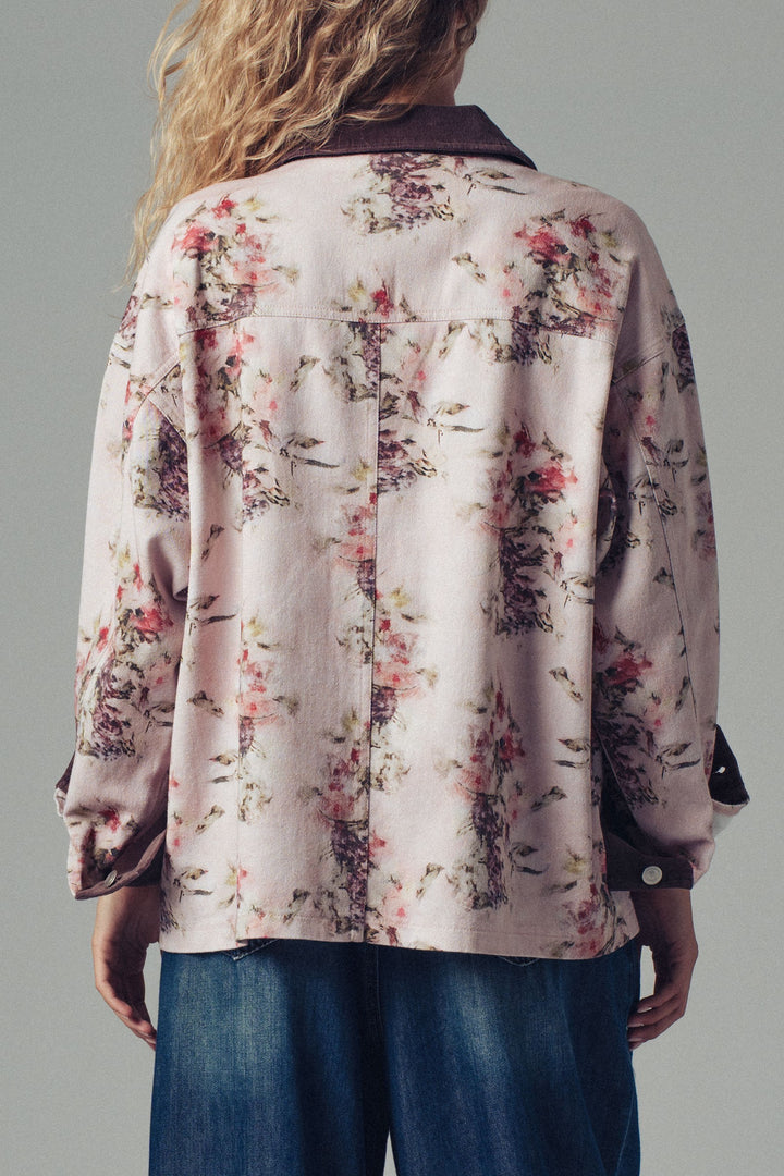 floral print oversized jacket with contrast collar - pinkbrown (additional view)
