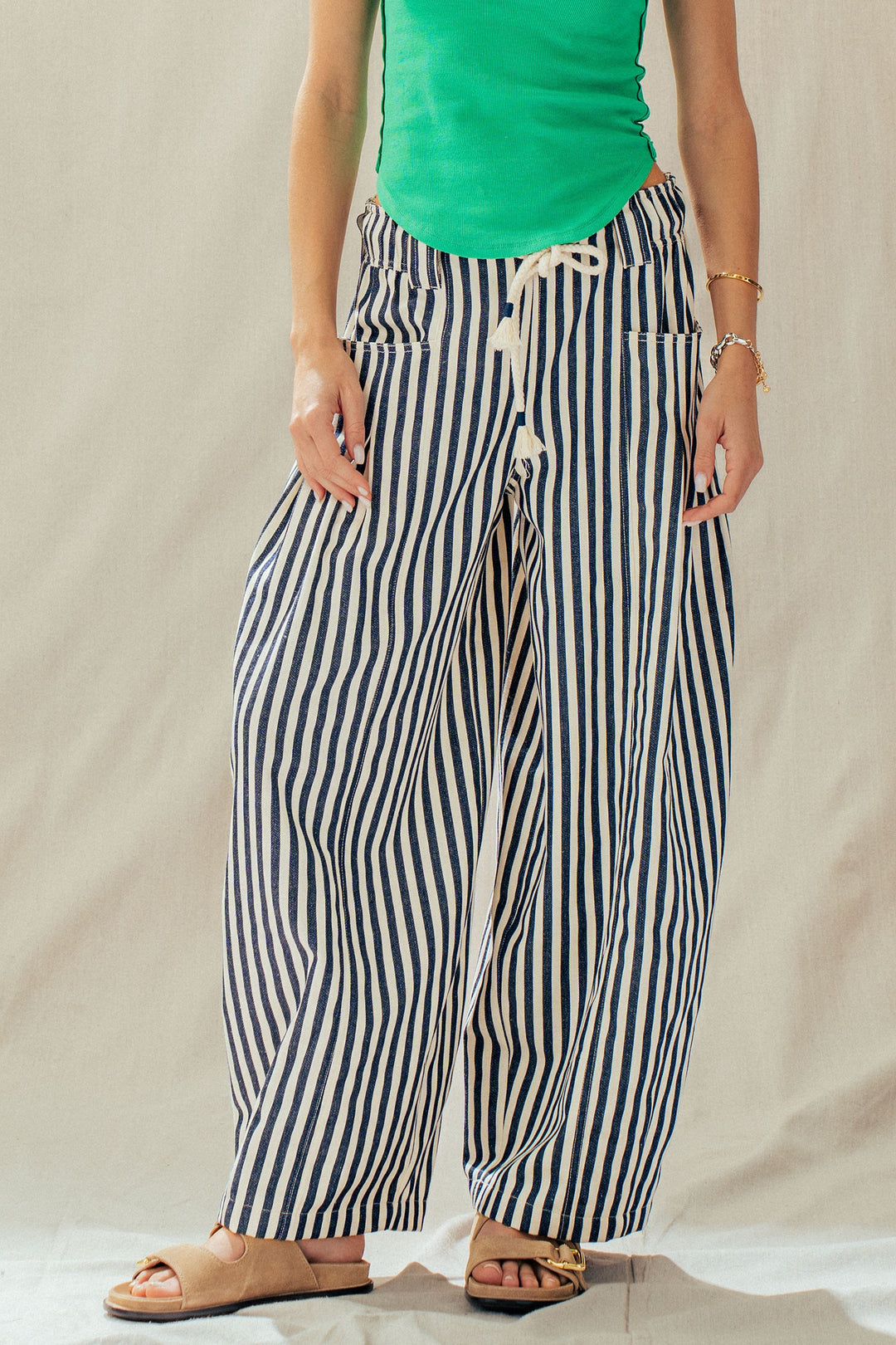 easy modern barrel leg pant - navy stripe