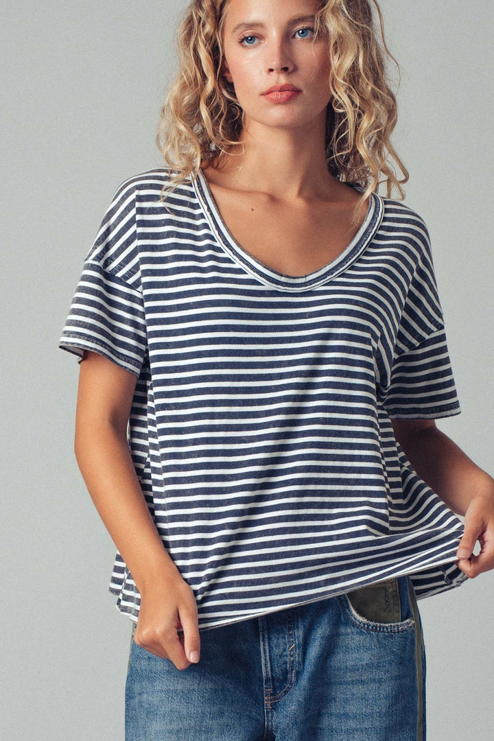 Striped Washed Scoop Neckline Tee