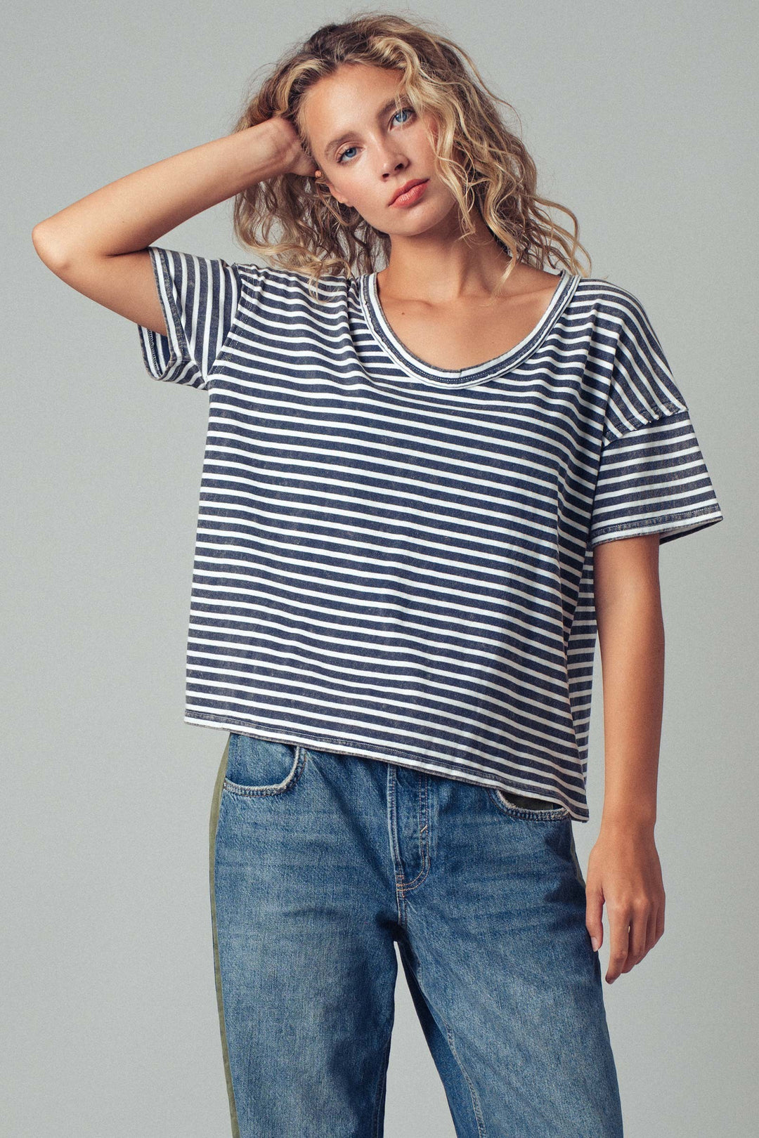 Striped Washed Scoop Neckline Tee