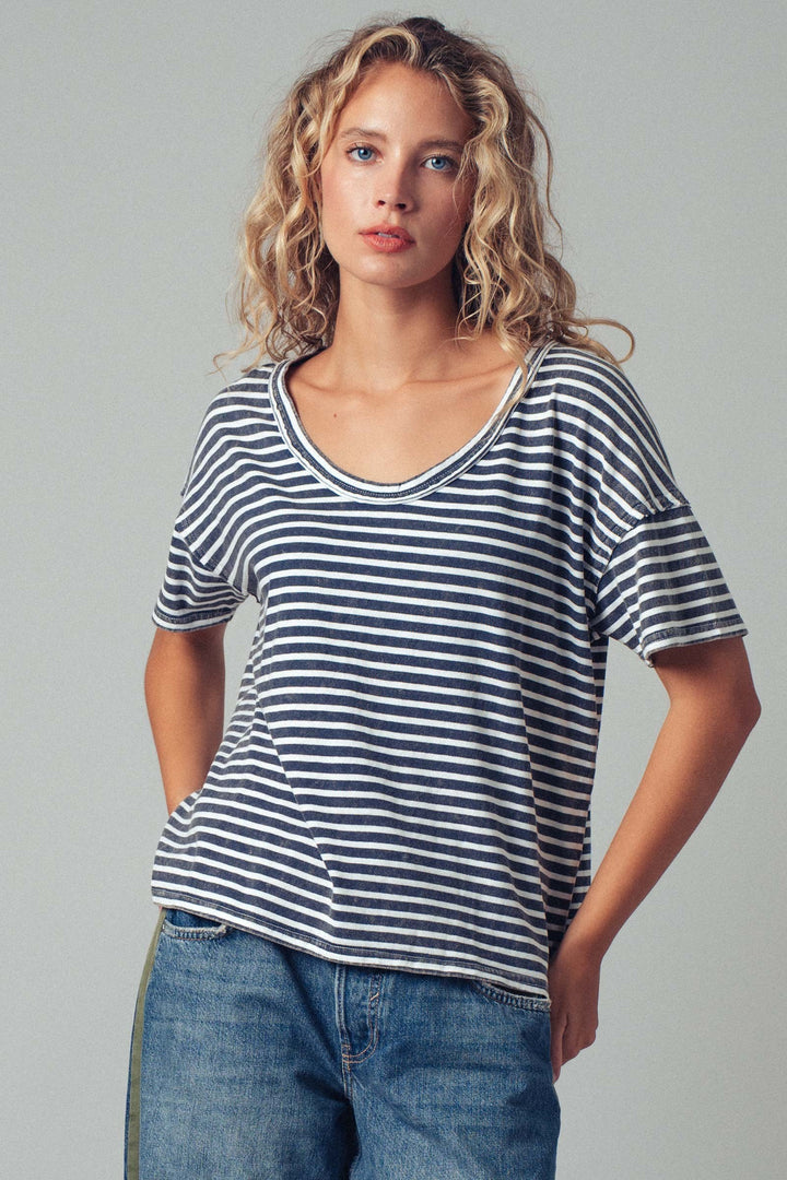 Striped Washed Scoop Neckline Tee