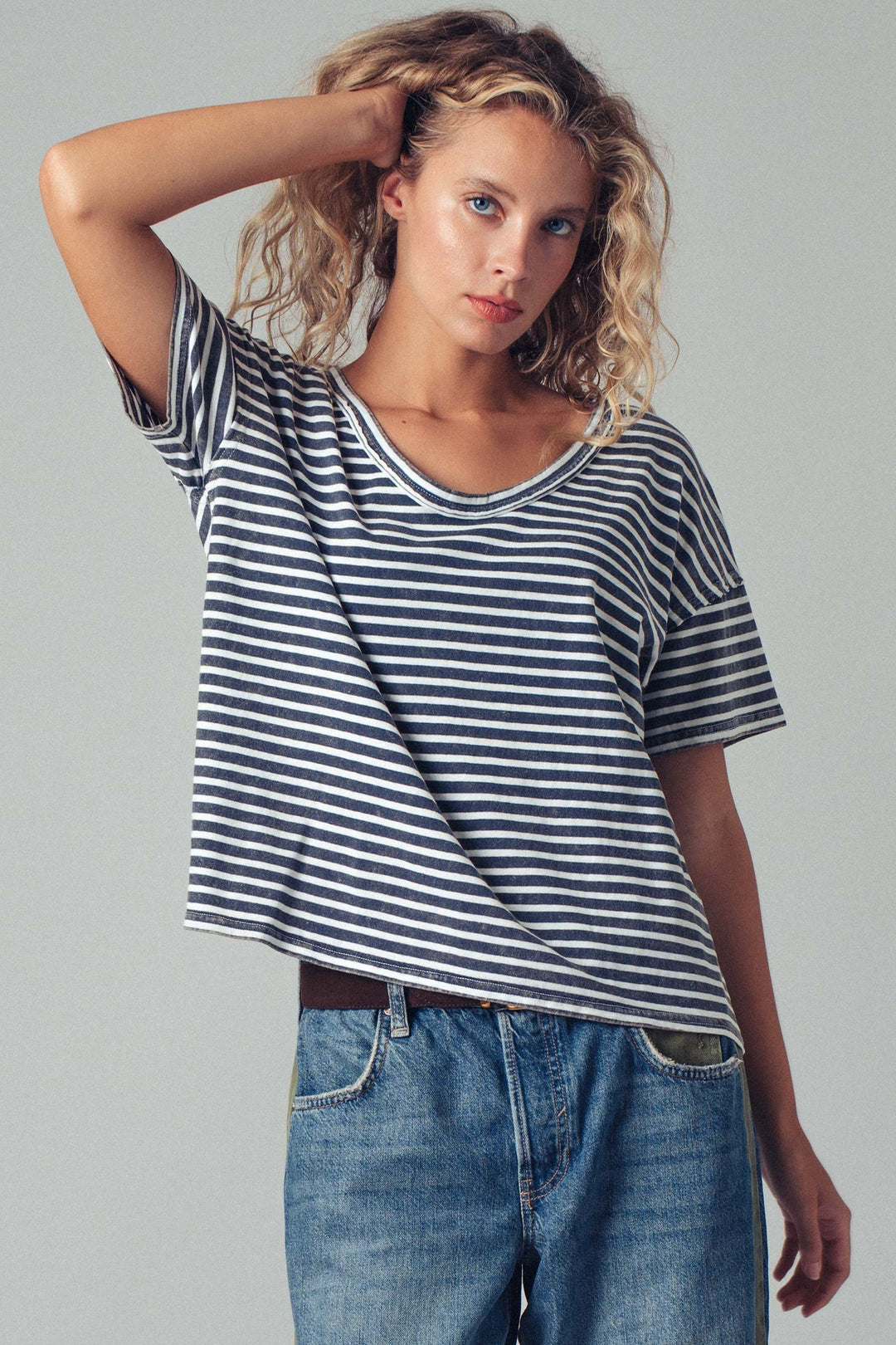 Striped Washed Scoop Neckline Tee