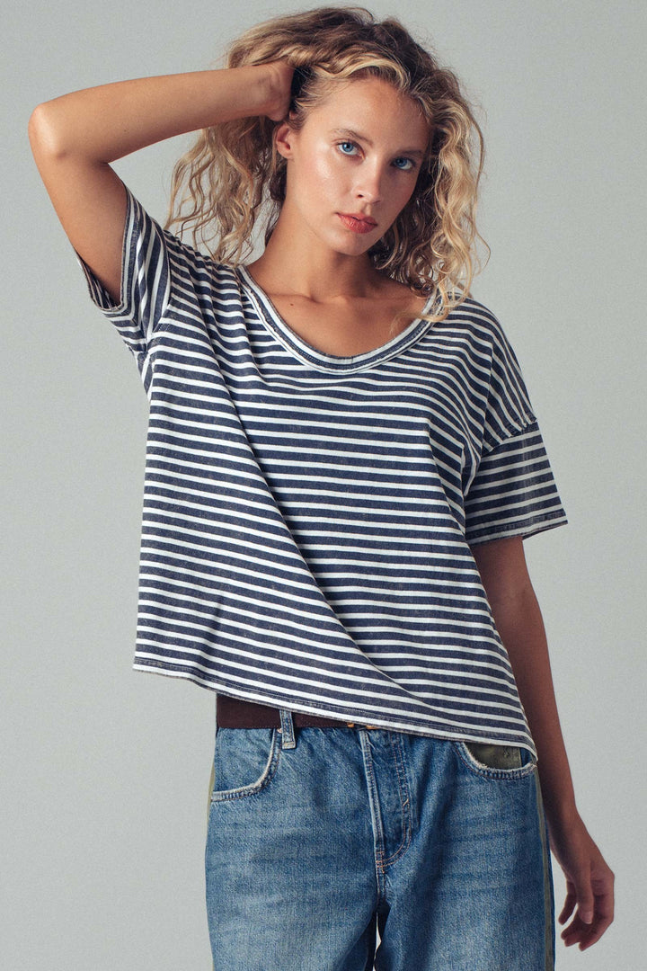 Striped Washed Scoop Neckline Tee