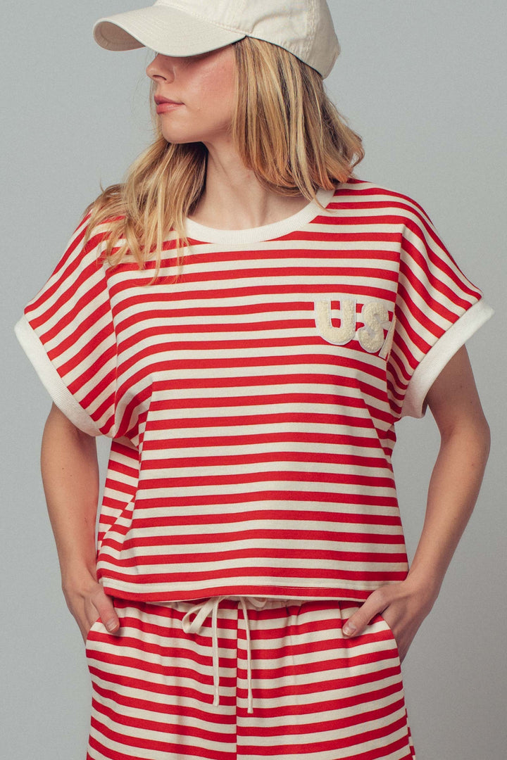 usa striped comfy french terry knit tee - red stripe