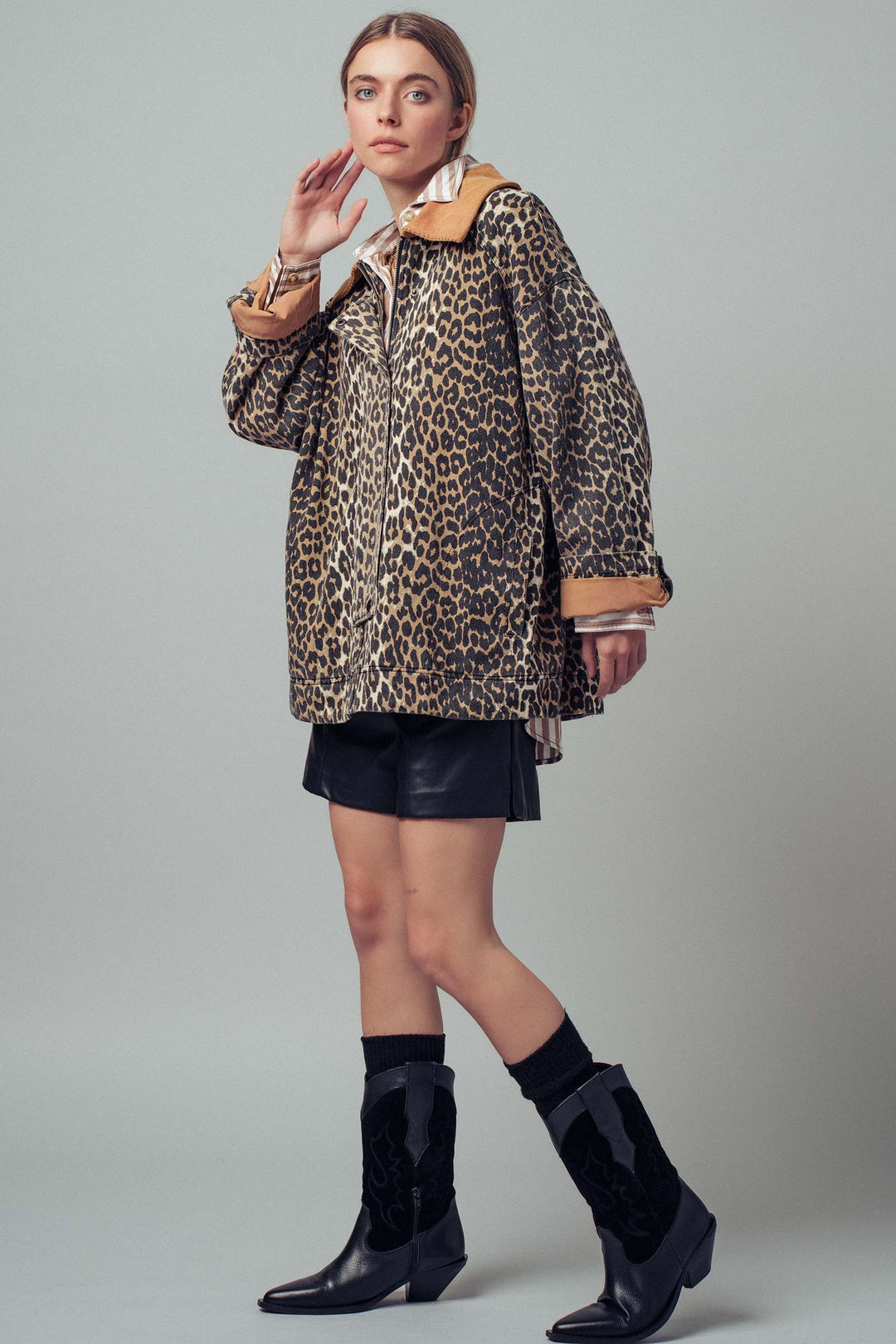 leopard print barn jacket with corduroy collar - leopard