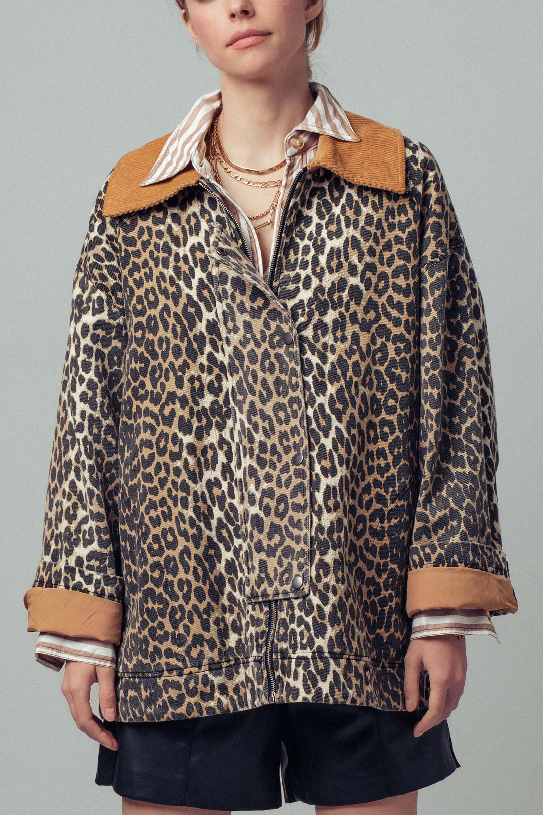 leopard print barn jacket with corduroy collar - leopard (additional view)