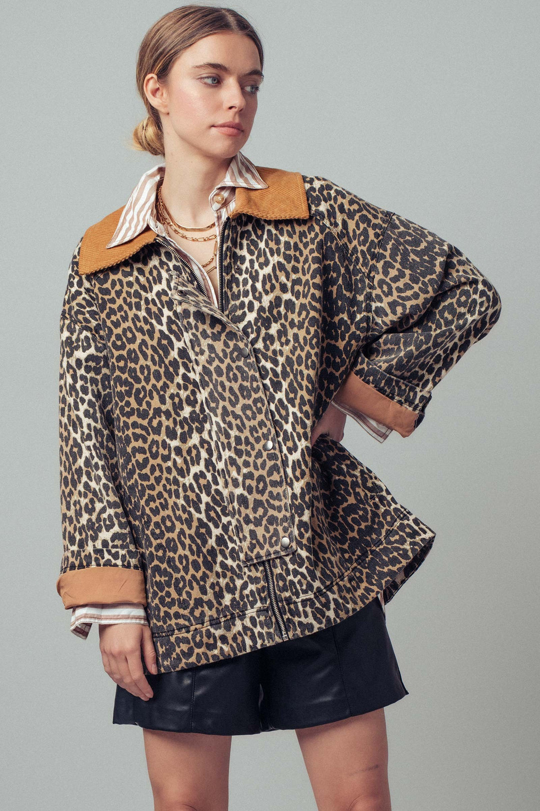 leopard print barn jacket with corduroy collar - leopard (additional view)