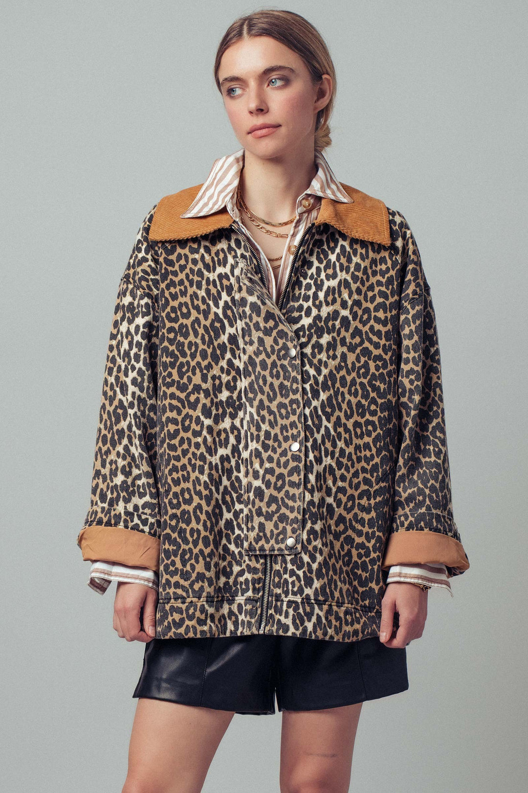 leopard print barn jacket with corduroy collar - leopard (additional view)