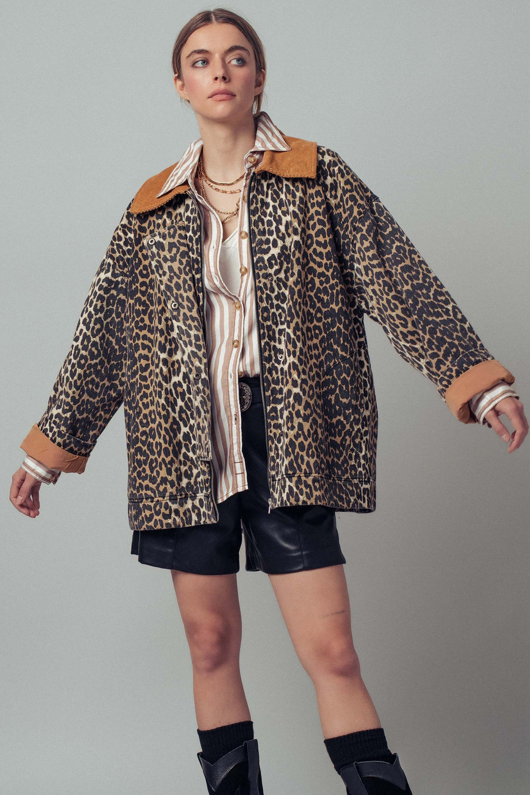 leopard print barn jacket with corduroy collar - leopard (additional view)