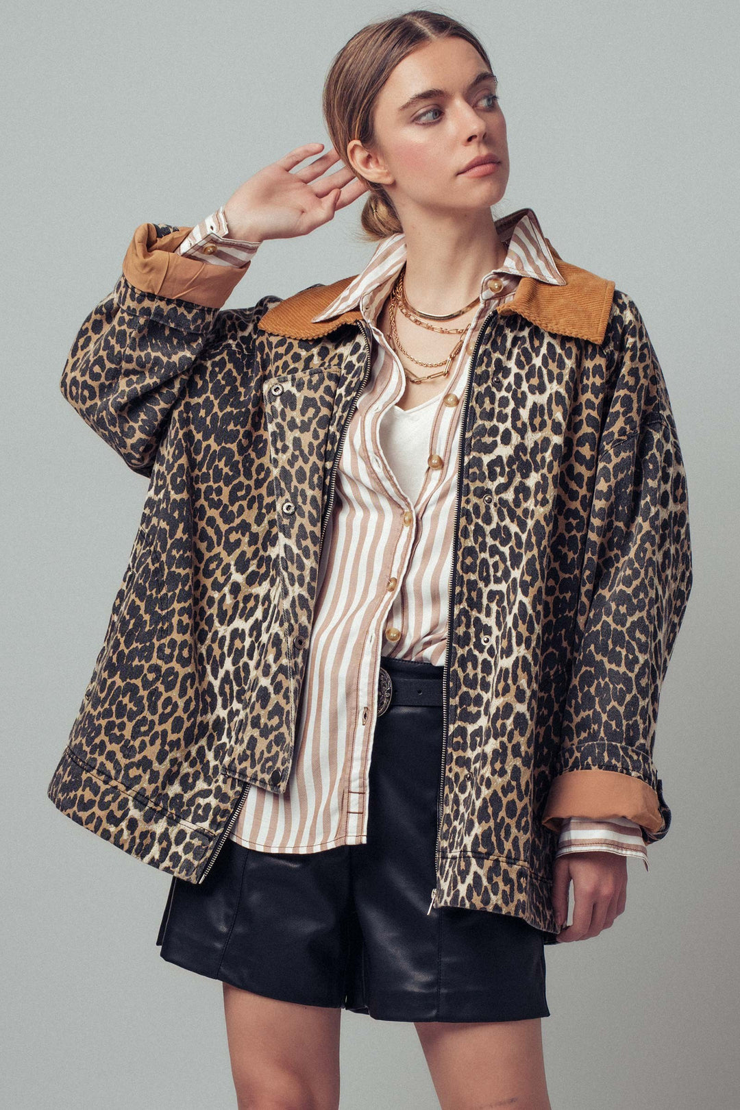 leopard print barn jacket with corduroy collar - leopard (additional view)