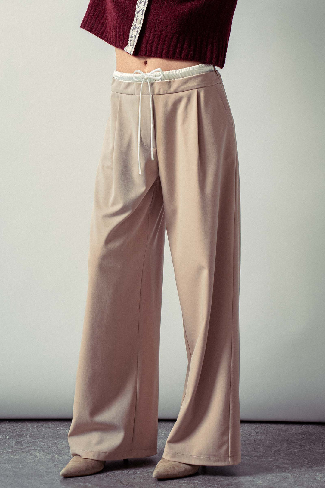 relaxed wide leg drawstring trousers - khaki (additional view)